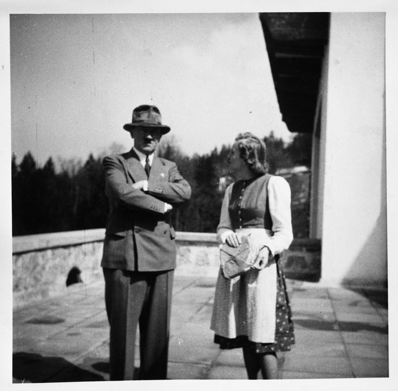 Adolf Hitler and Eva Braun on the terrace of the Berghof, from Eva Braun's albums